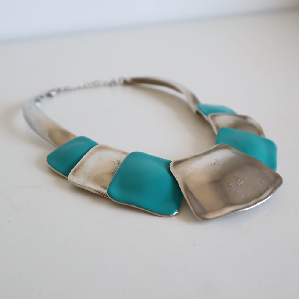 Vintage Metal and Enamel Blue and Silver Geometric Necklace